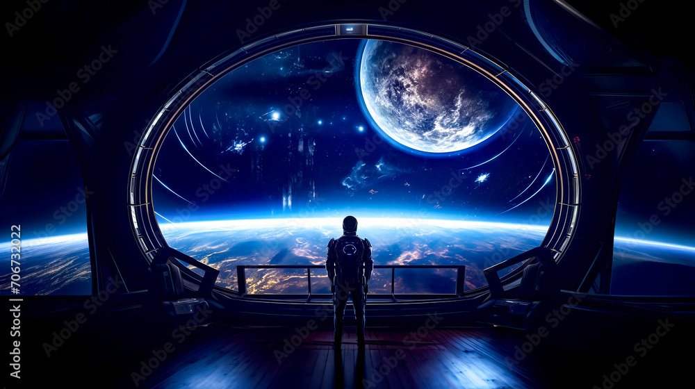 Poster man standing in front of window looking out at space station.