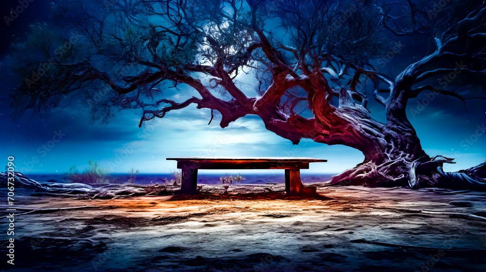 Aufkleber bench in the middle of field with tree in the background.