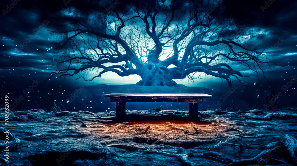 Poster bench in the middle of field with tree in the background.