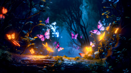 Group of pink butterflies flying over forest filled with lots of trees.