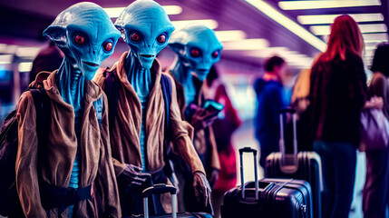 Group of alien men standing next to each other with luggage behind them.