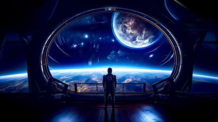 Man standing in front of window looking out at space station. - Powered by Adobe