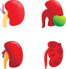 Kidney disease icons set cartoon vector. Human kidney model with disease. Healthcare concept - obrazy, fototapety, plakaty
