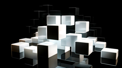 Group of white cubes sitting next to each other on black surface.