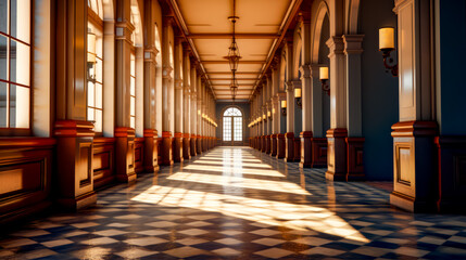 Long hallway with checkered floor and chandelier hanging from the ceiling.