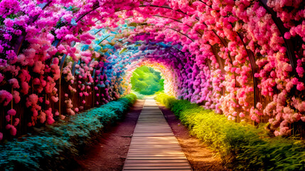 Tunnel of flowers with pathway leading to the end of the tunnel.