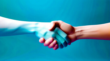 Close up of person shaking another person's hand with blue background.