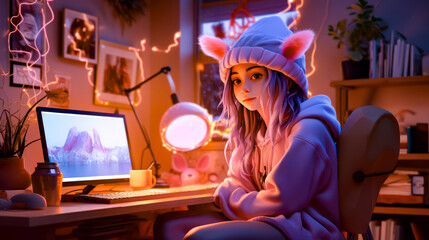 Obraz premium Girl sitting at desk in front of laptop wearing cat hat.