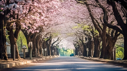 a road adorned with a captivating arch of cherry blossoms,