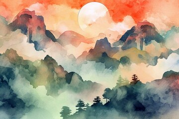 Mountainous scenery with watercolor background, inspired by oriental art. Suitable for wallpapers, prints, invitations, and postcards. Generative AI