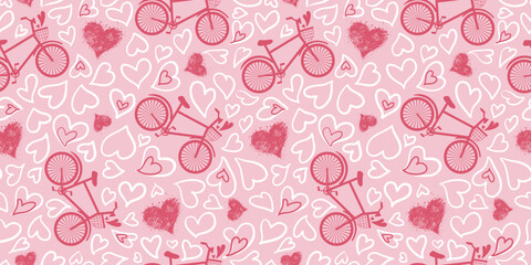 Romantic seamless pattern with bicycle, hearts. Love print, Valentine's Day ornament for fashion textile, wrapping paper. Love background. Vector print