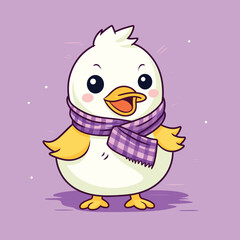 Cute duckling with a purple checkered scarf on a lavender background. Happy cartoon duck character ready for winter. Warm clothing and cheerful animals vector illustration.