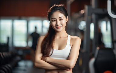 Happy beautiful young asian woman in a gym.