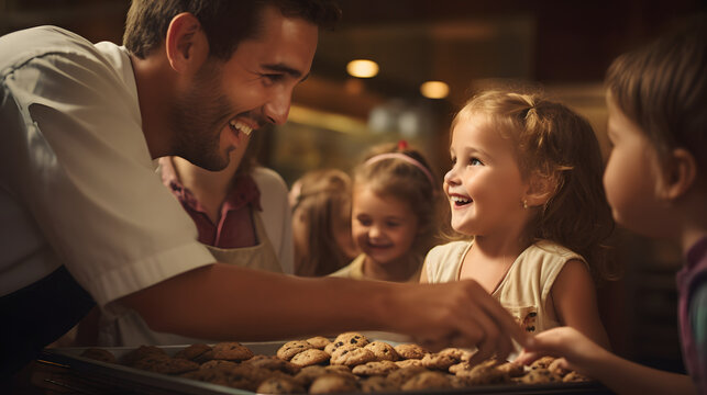 A Baker Pulling A Tray Of Freshly Baked Cookies From The Oven Surrounded By Happy Children Eagerly Waiting To Taste Them.