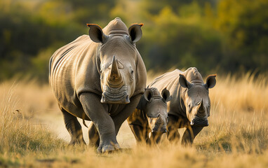 Three rhino walking in meadow of africa .Generative AI
