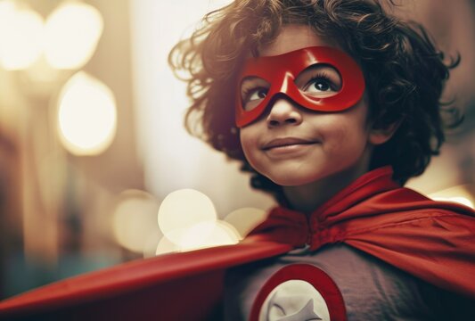 Young Boy Dressed as Superhero. Generative AI.