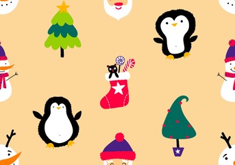 Christmas cartoon doodle seamless Santa and penguin and snowman pattern for wrapping paper and fabrics