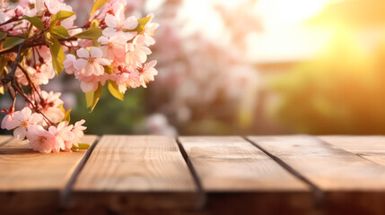 Naklejka na ściany i meble an empty wooden table set in a Sakura flower park