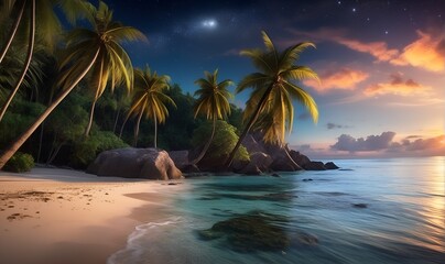 Fototapeta na wymiar beach on the background of tropical trees and rocks, evening atmosphere, landscape
