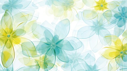 Abstract illustration of layers of translucent white, blue and yellow flowers