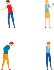 Upset people icons set cartoon vector. Upset or sad male and female character. Negative emotion concept
