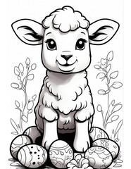 Easter coloring page for children with sheep and Easter eggs