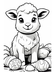 Easter coloring page for children with sheep and Easter eggs