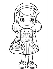 Easter coloring page for children with a girl with Easter eggs in a basket