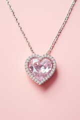 pink heart-shaped crystal decorated with small rhinestones on the pendant. black background. pink crystal in the shape of a heart. pink background. jewelry store concept