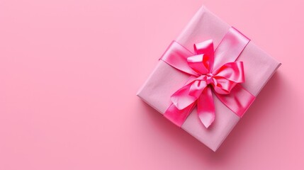 pink box with a big pink bow. the background is pink and blurred. mock-up, isolated, copy space. concept for February 14, Valentine's Day, gift. view from above