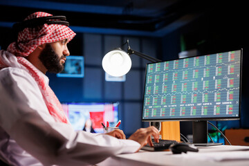 A professional Arab businessman works diligently at his desk engaged in online research and...