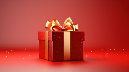 Obraz premium gift red box with a gold bow, red blur background. mock-up, isolated, copy space, defocus, soft focus.concept for February 14, Valentine's Day, gift
