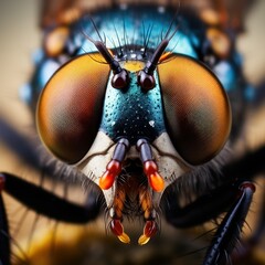 close-up photo of a fly's face with big orange eyes. blurred background, defocus, blurred concept photo for a scientific magazine, articles about insects