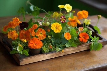 A lively mix of nasturtiums and calendula displayed on a charming wooden tray. Generative AI