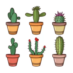 Gartenposter Kaktus im Topf Different cacti in pots collection. Colorful desert plants in brown containers for decoration. Exotic flora and houseplants concept vector illustration.