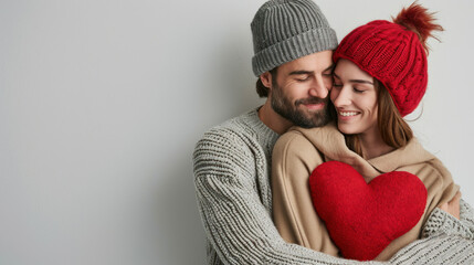 man in a grey hat hugs from behind a woman who is holding a large red heart in her hands, light background, free space for text, mock-up, copy space, banner.concept of Valentine's Day, adoption
