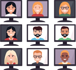 Diverse group of cartoon people in computer screens. Online meeting, remote work, or virtual conference. Multicultural teamwork digital communication vector illustration.