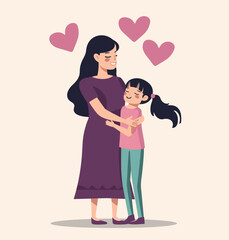 Asian mother embracing young daughter with love. Happy smiling family moment with hearts. Affectionate parent and child bonding vector illustration.