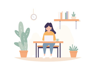 Young woman working on laptop at home, comfortable and cozy remote office setup. Freelancer using computer in minimal interior. Remote work and freelance lifestyle vector illustration.