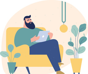 Bearded man sitting on yellow armchair with tablet. Casual male in home interior using digital device. Freelancer works from home vector illustration.