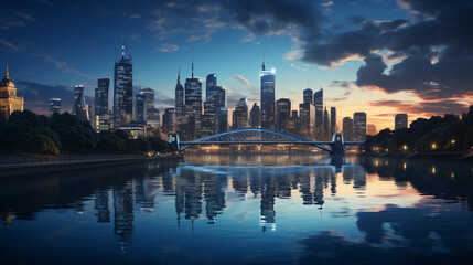 Fototapeta premium Cityscape of the Renowned Financial District at Twilight, Casting Reflections on the Waterfront. Generative AI