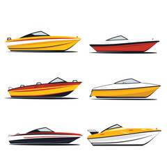 Set of six speedboats in various colors and designs. Nautical transport, recreational boats with sleek shapes. Modern maritime leisure vehicles vector illustration.