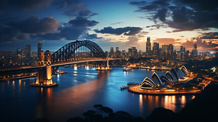 Obraz premium Cityscape of the Renowned Financial District at Twilight, Casting Reflections on the Waterfront. Generative AI