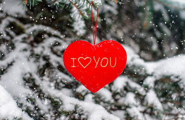 Symbol of love hangs on snow-covered spruce
