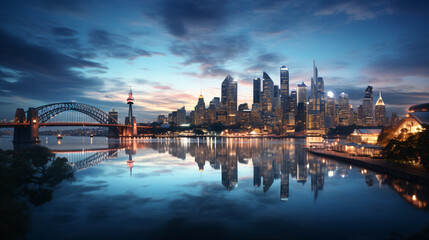 Cityscape of the Renowned Financial District at Twilight, Casting Reflections on the Waterfront. Generative AI