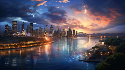 Fototapeta premium Cityscape of the Renowned Financial District at Twilight, Casting Reflections on the Waterfront. Generative AI