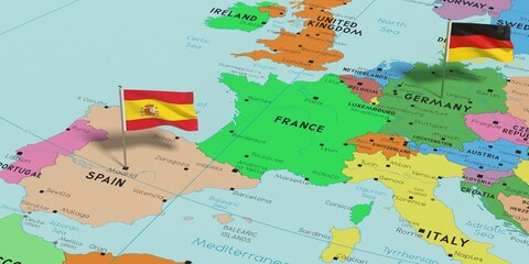 Spain and Germany - pin flags on political map - 3D illustration