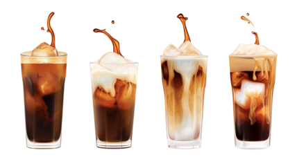 set of iced coffee with cold foam isolated on transparent background