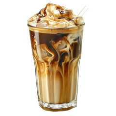 Iced coffee with cold foam isolated on transparent background, delicious iced latte coffee drink in glass cup with ice cubes and cream topping