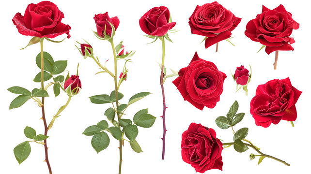 set of red roses isolated on transparent background
